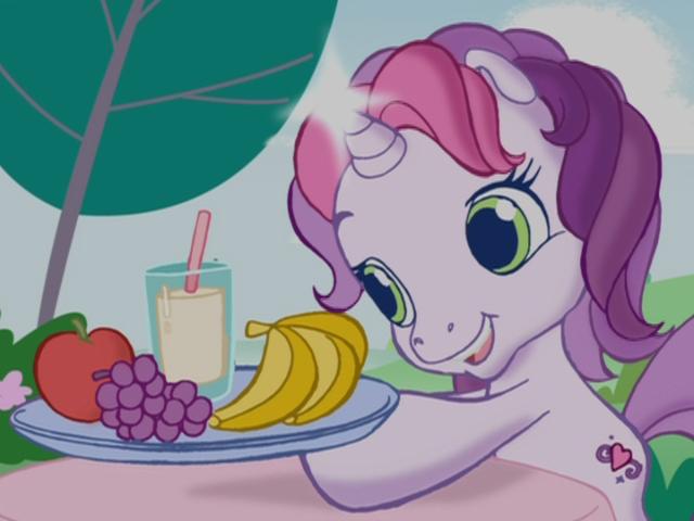 Size: 640x480 | Tagged: apple, banana, cute, derpibooru import, diasweetes, food, g3.5, glow, grapes, magic, milkshake, plate, safe, sweetie belle, sweetie belle (g3), sweetie belle's magic brings a great big smile