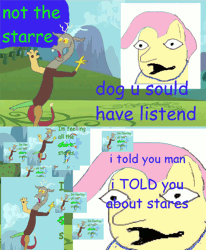 Size: 982x1194 | Tagged: safe, artist:elnachato, derpibooru import, discord, fluttershy, rainbow dash, keep calm and flutter on, animated, comic sans, element of loyalty, it keeps happening, needs more jpeg, not salmon, pixelated, spinning, stare, stylistic suck, sweet bro and hella jeff, the stare, wat