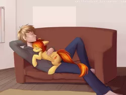 Size: 1600x1200 | Tagged: safe, artist:spittfireart, derpibooru import, spitfire, human, pegasus, pony, clothes, couch, cuddling, eyes closed, female, floppy ears, hug, human on pony snuggling, lucky bastard, male, mare, on back, on top, prone, size difference, sleeping, snuggling