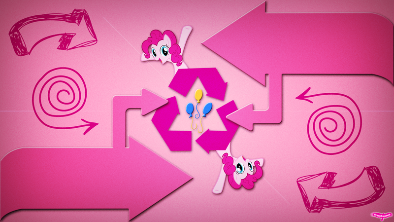 Size: 1920x1080 | Tagged: safe, artist:utterlyludicrous, derpibooru import, pinkie pie, pony, arrow, cutie mark, looking at you, multeity, open mouth, recycle, smiling, solo, symbol, vector, wallpaper