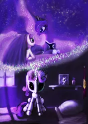 Size: 2480x3508 | Tagged: safe, artist:zolombo, derpibooru import, princess luna, sweetie belle, alicorn, pony, robot, robot pony, unicorn, dream walker luna, female, filly, foal, hooves, horn, hug, mare, night, solo, sweetie bot, winghug, wings