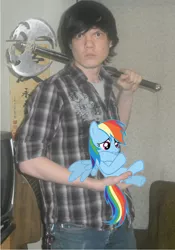 Size: 900x1285 | Tagged: safe, derpibooru import, rainbow dash, human, pony, axe, irl, irl human, photo, ponies in real life, weapon