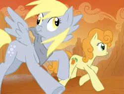 Size: 1319x1000 | Tagged: safe, artist:cheryl-jum, derpibooru import, carrot top, derpy hooves, golden harvest, pegasus, pony, bandana, female, g1, g1 to g4, generation leap, mare, scene interpretation