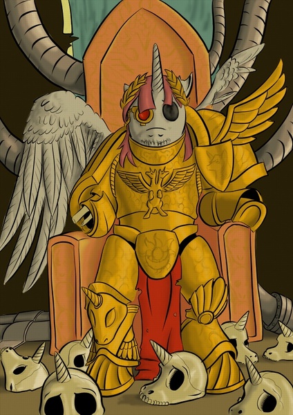 Size: 611x865 | Tagged: grimdark, artist:darkhestur, derpibooru import, oc, oc:fausticorn, unofficial characters only, alicorn, crossover, god empress of ponykind, god-emperor of mankind, golden throne, lauren faust, parody, warhammer (game), warhammer 40k