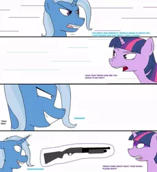 Size: 853x936 | Tagged: semi-grimdark, artist:kyuubichowderfan, derpibooru import, trixie, twilight sparkle, pony, comic:trixie's rage, comic, female, gun, levitation, magic, mare, scared, shotgun, sweat, telekinesis, threatening, unicornr, weapon, wide eyes