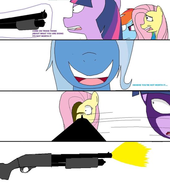 Size: 856x933 | Tagged: semi-grimdark, artist:kyuubichowderfan, derpibooru import, fluttershy, trixie, twilight sparkle, pony, comic:trixie's rage, comic, female, gun, implied death, levitation, magic, mare, murder, scared, shotgun, telekinesis, threatening, weapon, wide eyes