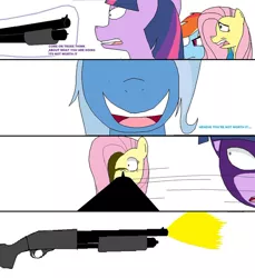 Size: 856x933 | Tagged: semi-grimdark, artist:kyuubichowderfan, derpibooru import, fluttershy, trixie, twilight sparkle, pony, comic:trixie's rage, comic, female, gun, implied death, levitation, magic, mare, murder, scared, shotgun, telekinesis, threatening, weapon, wide eyes