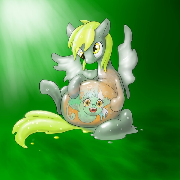 Size: 1080x1080 | Tagged: questionable, artist:darkonix, derpibooru import, derpy hooves, lyra heartstrings, goo, goo pony, original species, pegasus, pony, sea pony, derpypred, female, fetish, irrational exuberance, mare, seaponified, seapony lyra, smiling, species swap, vore