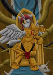 Size: 826x1169 | Tagged: safe, artist:darkhestur, derpibooru import, oc, oc:fausticorn, unofficial characters only, alicorn, amputee, armor, crossover, eyes closed, floppy ears, god empress of ponykind, god-emperor of mankind, golden throne, lauren faust, severed limb, sitting, skull, solo, spread wings, throne, unshorn fetlocks, warhammer (game), warhammer 40k, wings