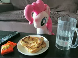 Size: 4608x3456 | Tagged: safe, artist:template93, derpibooru import, pinkie pie, earth pony, pony, cheese, chocolate, female, food, grilled cheese, irl, mare, peanut butter, photo, plushie, reese's peanut butter cups, remote control, solo, waifu dinner, water
