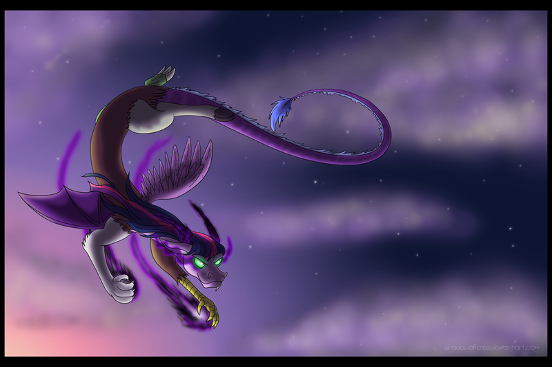 Size: 1200x800 | Tagged: artist:shadowolfozo, dark magic, derpibooru import, draconequified, draconequus, flying, magic, safe, solo, sombra eyes, species swap, twikonequus, twilight sparkle