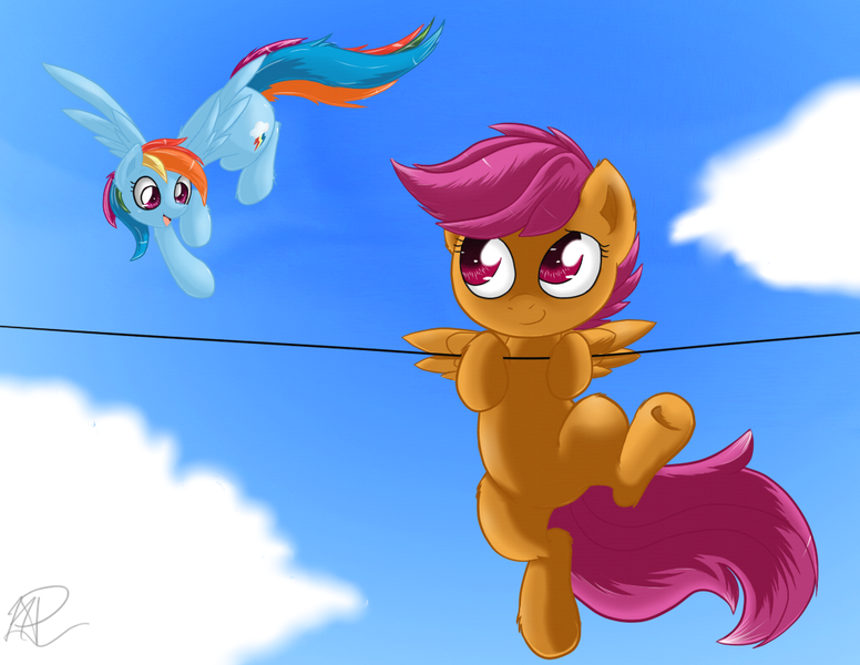 Size: 1017x786 | Tagged: artist:ephemurai, artist:joey darkmeat, derpibooru import, hanging, rainbow dash, safe, scootaloo