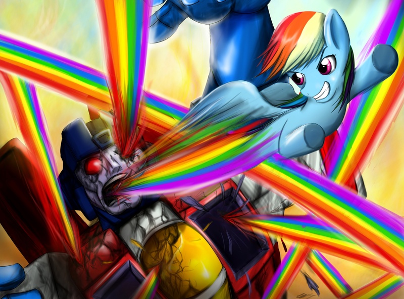 Size: 2600x1923 | Tagged: artist:destructorv1, buccaneer blaze, clash of hasbro's titans, death battle, derpibooru import, exploitable meme, meme, rainbow dash, semi-grimdark, starscream, starscream vs rainbow dash, transformers