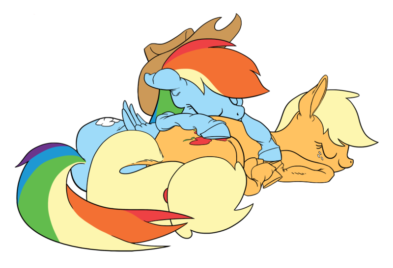 Size: 1038x710 | Tagged: safe, artist:justdayside, derpibooru import, applejack, rainbow dash, appledash, female, hooves, lesbian, shipping, sleeping, unshorn fetlocks