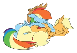 Size: 1038x710 | Tagged: safe, artist:justdayside, derpibooru import, applejack, rainbow dash, appledash, female, hooves, lesbian, shipping, sleeping, unshorn fetlocks