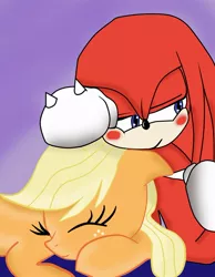 Size: 788x1013 | Tagged: applejack, appleknux, artist:kaiamurosesei, crossover, crossover shipping, derpibooru import, interspecies, knuckles the echidna, safe, shipping, sonic the hedgehog (series)