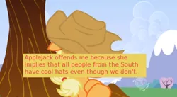 Size: 500x273 | Tagged: applejack, derpibooru import, edit, edited screencap, hat, hub logo, lesson zero, meme, meta, offensive ponies, safe, screencap, sleeping, text