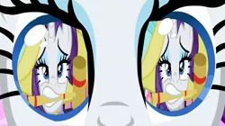 Size: 1280x718 | Tagged: a true true friend, croquet mallet, derpibooru import, edit, edited screencap, eye, eye reflection, eyes, magical mystery cure, mallet, mouth hold, rarity, reflection, remember when you were a complete jerk, safe, screencap, sweet and elite