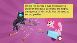 Size: 500x281 | Tagged: a canterlot wedding, changeling, derpibooru import, meme, meta, offensive ponies, party cannon, pinkie pie, safe, screencap, text