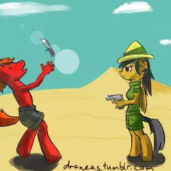 Size: 900x900 | Tagged: 30 minute art challenge, anthro, artist:draneas, clothes, daring do, dead, death, derpibooru import, gun, indiana jones, knife, parody, partial nudity, safe, topless, unguligrade anthro, weapon, x eyes