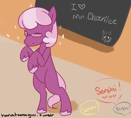 Size: 433x392 | Tagged: 30 minute art challenge, artist:pegacornss, cheerilee, derpibooru import, dialogue, glasses, jubilance, male, offscreen character, rule 63, safe, senpai, solo, speech bubble