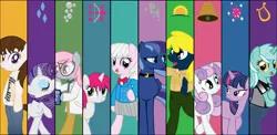 Size: 4100x2000 | Tagged: safe, artist:rob barba, derpibooru import, lovestruck, lyra heartstrings, rarity, twilight sparkle, oc, oc:dj martinez, oc:hazy jane, oc:indigo horizon, oc:midnight moondust, oc:udea tsubasa, pony, all-american girl, bipedal, blank flank, choker, clothes, glasses, human behavior, lab coat, line-up, look-alike, police, schoolgirl