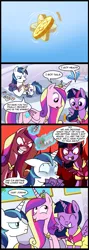 Size: 713x2000 | Tagged: safe, artist:madmax, derpibooru import, princess cadance, shining armor, twilight sparkle, twilight sparkle (alicorn), alicorn, pony, bits, card, comic, crystal, dialogue, evil grin, eyes closed, female, frown, grin, heads or tails, levitation, magic, mare, open mouth, prone, saw, shining armor gets all the mares, sibling teasing, smiling, spread wings, telekinesis, tongue out, unamused, wide eyes, wings