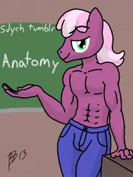 Size: 480x640 | Tagged: 30 minute art challenge, anthro, artist:sdych, bare chest, cheerilee, cherryloo, clothes, derpibooru import, jubilance, male, muscles, partial nudity, rule 63, suggestive, topless