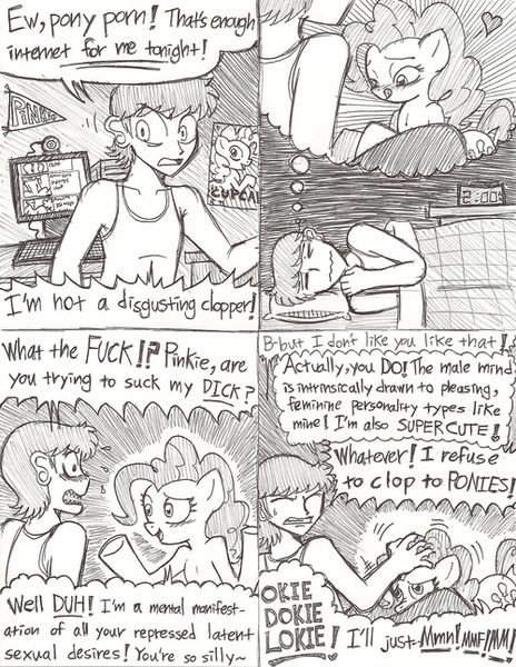 Size: 500x646 | Tagged: questionable, artist:wootmaster, deleted from derpibooru, derpibooru import, pinkie pie, earth pony, human, pony, blowjob, blushing, comic, denial, dream, female, imagination, mare, monochrome, nudity, oral, penis, pony on human, sex, vulgar