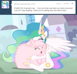 Size: 650x625 | Tagged: safe, artist:mixermike622, derpibooru import, princess celestia, oc, oc:fluffle puff, alicorn, pony, tumblr:ask fluffle puff, cute, cutelestia, female, fluffy, hug, mare