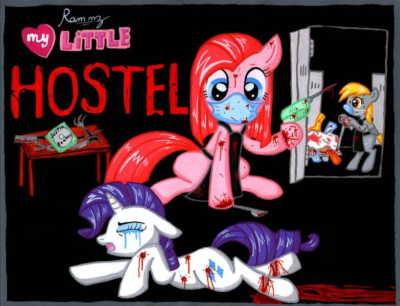 Size: 1398x1071 | Tagged: grimdark, derpibooru import, derpy hooves, pinkie pie, rarity, earth pony, pegasus, pony, unicorn, abuse, bipedal, blood, carnage, crying, dead, female, hostel, mare