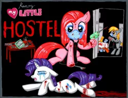 Size: 1398x1071 | Tagged: grimdark, derpibooru import, derpy hooves, pinkie pie, rarity, earth pony, pegasus, pony, unicorn, abuse, bipedal, blood, carnage, crying, dead, female, hostel, mare