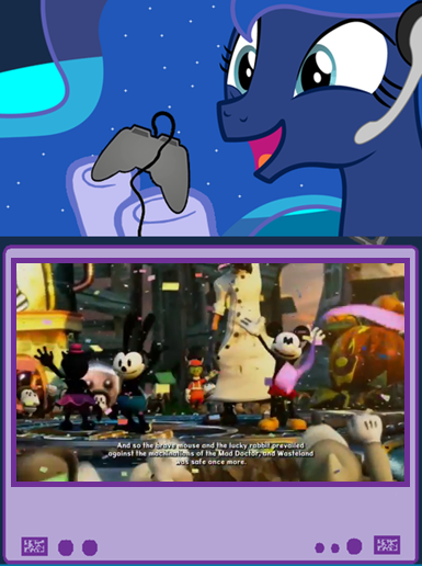 Size: 385x516 | Tagged: derpibooru import, disney, epic mickey, epic mickey 2, exploitable meme, gamer luna, gamer meme, gremlin, gus gremlin, mad doctor, meme, mickey mouse, obligatory pony, ortensia, oswald the lucky rabbit, princess luna, safe, tv meme, video game, video game spoilers