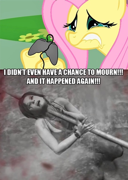 Size: 560x785 | Tagged: derpibooru import, exploitable meme, fluttercry, fluttershy, grimdark, grotesque, meme, obligatory pony, tomb raider, tv meme