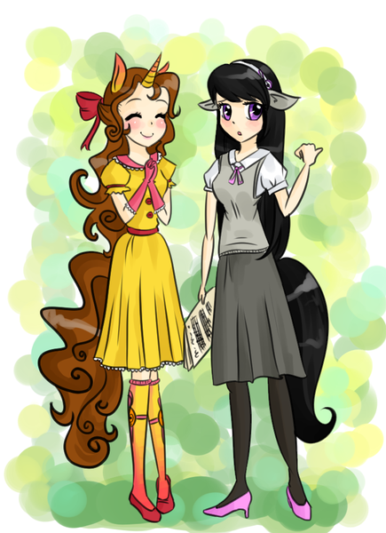 Size: 725x1000 | Tagged: artist:meowkin, clothes, derpibooru import, duo, duo female, eared humanization, female, horn, horned humanization, human, humanized, oc, octavia melody, safe, skinny, skirt, tailed humanization