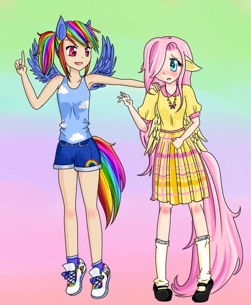 Size: 700x850 | Tagged: armpits, artist:meowkin, breasts, clothes, delicious flat chest, derpibooru import, eared humanization, flattershy, fluttershy, human, humanized, rainbow dash, safe, skinny, skirt, tailed humanization, tanktop, winged humanization, wings