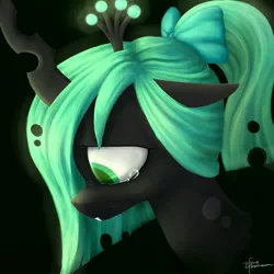 Size: 2200x2200 | Tagged: artist:ifthemainecoon, crying, cute, cutealis, derpibooru import, nymph, ponytail, queen chrysalis, ribbon, safe