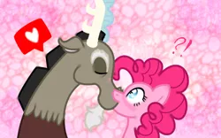 Size: 480x300 | Tagged: safe, derpibooru import, discord, pinkie pie, blushing, discopie, female, heart, kissing, male, shipping, straight