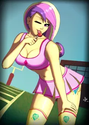 Size: 1500x2121 | Tagged: artist:deilan12, belly button, breasts, busty princess cadance, candy, cheerleader, cleavage, clothes, cutie mark on human, derpibooru import, downblouse, female, food, human, humanized, lollipop, lollipop chainsaw, midriff, one eye closed, princess cadance, skirt, solo, solo female, suggestive, suggestive eating, wink