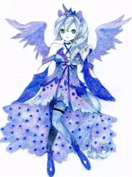 Size: 561x753 | Tagged: artist:butterflywingies, derpibooru import, eared humanization, horn, horned humanization, human, humanized, princess luna, safe, simple background, solo, traditional art, winged humanization, wings