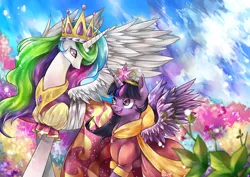 Size: 1280x905 | Tagged: safe, artist:greyradian, derpibooru import, princess celestia, twilight sparkle, twilight sparkle (alicorn), alicorn, pony, clothes, coronation dress, dress, female, mare