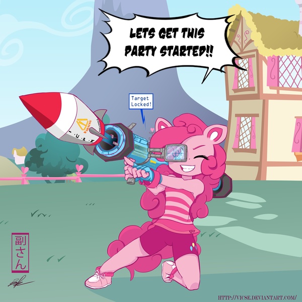 Size: 4000x4000 | Tagged: anthro, artist:vicse, clothes, derpibooru import, pinkie pie, rocket launcher, safe