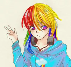 Size: 2100x1954 | Tagged: safe, artist:hyouden, derpibooru import, rainbow dash, human, headphones, humanized, solo