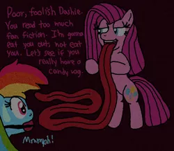 Size: 550x480 | Tagged: suggestive, artist:captainchomp, derpibooru import, pinkie pie, rainbow dash, earth pony, pony, ballgag, bipedal, female, gag, imminent cunnilingus, imminent sex, implied cunnilingus, implied oral, implied sex, impossibly long tongue, innuendo, lesbian, long tongue, mare, pinkamena diane pie, pinkiedash, shipping, sweat, sweatdrop, tongue out