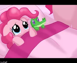 Size: 900x731 | Tagged: artist:ninja-8004, bed, blanket, cute, derpibooru import, diapinkes, duo, female, filly, filly pinkie pie, floppy ears, granny pie, gummy, pinkie pie, safe, younger