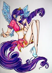 Size: 1844x2569 | Tagged: suggestive, artist:divinekitten, derpibooru import, rarity, fairy, human, belly button, breasts, clothes, fairy wings, fairyized, female, glass slipper (footwear), high heels, horn, horned humanization, humanized, image, jpeg, magic winx, midriff, shoes, solo, tailed humanization, traditional art, winged humanization, wings, winx club