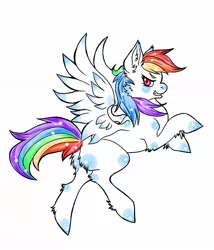 Size: 1250x1458 | Tagged: safe, artist:theasininecanine, derpibooru import, rainbow dash, pegasus, pony, butt, butt fluff, cheek fluff, colored pupils, ear fluff, female, flying, glare, grin, hoof fluff, leg fluff, lidded eyes, looking at you, mare, missing cutie mark, plot, profile, simple background, smiling, smirk, solo, spread wings, white background, wings