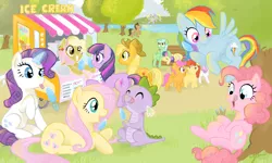 Size: 1500x900 | Tagged: safe, artist:elenaboosy, derpibooru import, apple bloom, applejack, bon bon, derpy hooves, doctor whooves, fluttershy, lyra heartstrings, pinkie pie, rainbow dash, rarity, scootaloo, spike, sweetie belle, sweetie drops, time turner, twilight sparkle, oc, pegasus, pony, bench, blowing bubbles, bubble, cutie mark crusaders, female, food, ice cream, ice cream stand, mane seven, mane six, mare, outdoors, park, popsicle, sea salt ice cream, stall