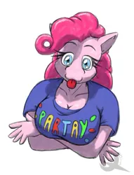 Size: 300x393 | Tagged: suggestive, artist:ethanqix, derpibooru import, pinkie pie, anthro, arm under breasts, big breasts, breasts, busty pinkie pie, cleavage, clothes, female, shirt, solo, solo female, t-shirt, tongue out