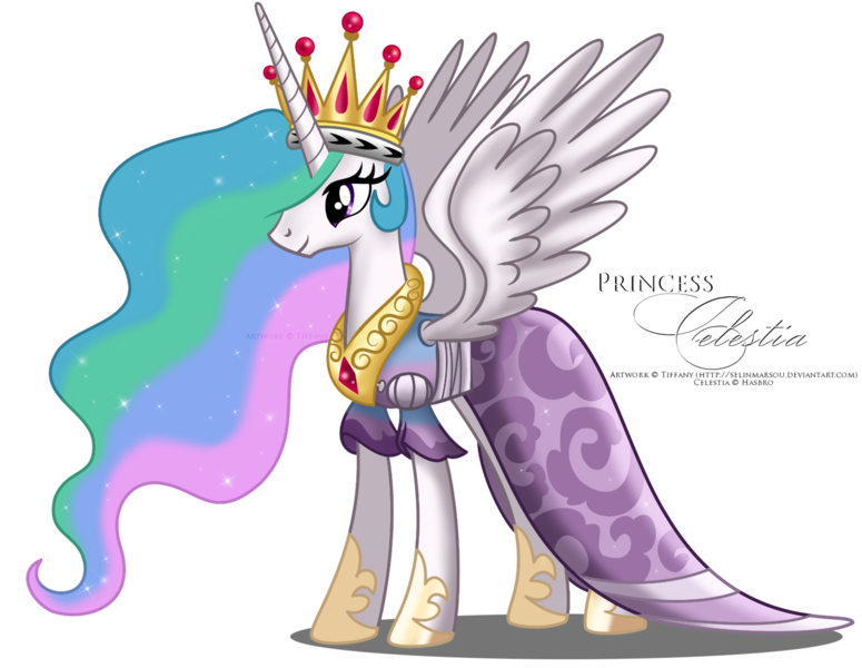 Size: 1600x1238 | Tagged: artist:tiffanymarsou, big crown thingy, clothes, coronation dress, derpibooru import, dress, element of magic, jewelry, princess celestia, regalia, safe, solo